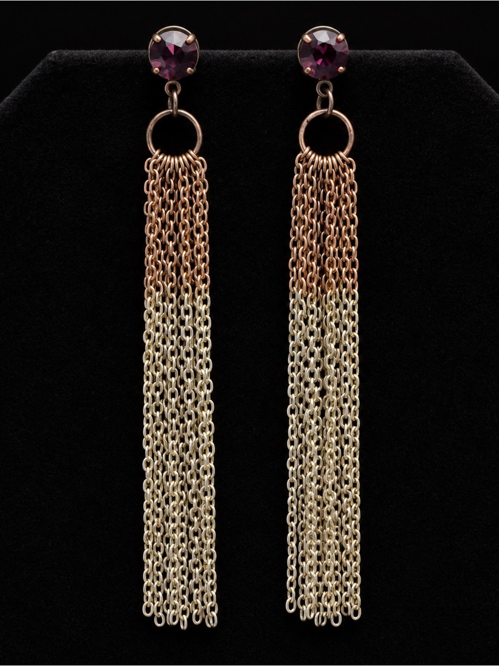 Purple Rhinestone Two-Tone Chain Fringe Earrings